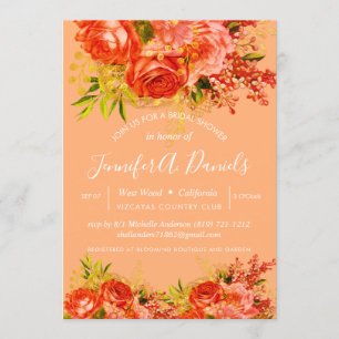 Orange Peach Gold Foil Roses Bridal Shower Invitation