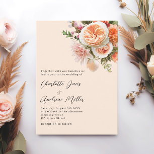 Orange peach pink florals wedding invitation