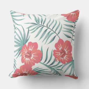 Orange Peach Tropical Floral/Chevron Pillow