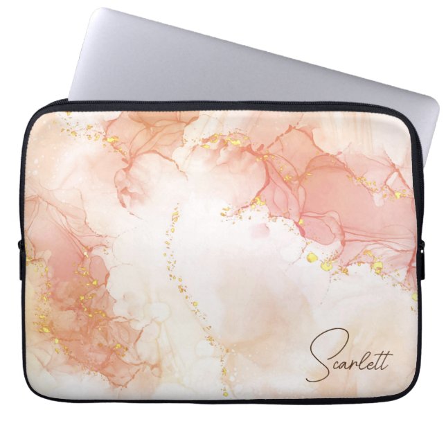 Orange Peach Watercolor Ink Glitter Customisable Laptop Sleeve (Front)
