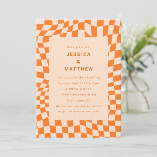 Orange Peach Wavy Chequerboard Retro Wedding Invitation