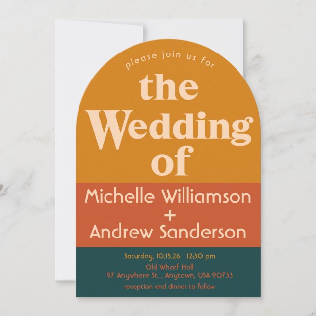 Orange Peacock Modern Retro Arched Invitation (Front)