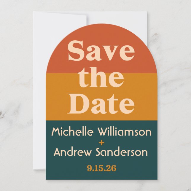 Orange Peacock Modern Retro Arched Save The Date (Front)