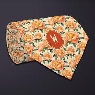 Orange Peonies Floral  Tie