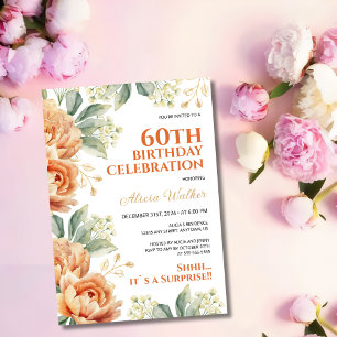 Orange Peony Floral Gold Leaf Surprise Birthday  Invitation
