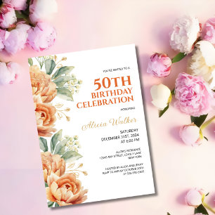 Orange Peony Gold Leaf Rustic Floral Birthday Invitation