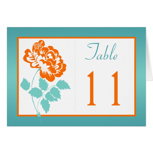 Orange Peony on White and Turquoise Table Number (Front Horizontal)