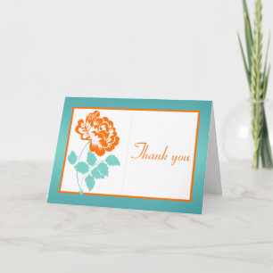 Orange Peony on White and Turquoise Thank You Card