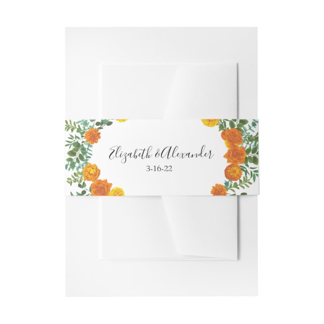 Orange Peony & Rose Floral Wedding Invitation Belly Band (Front Example)