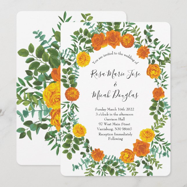 Orange Peony & Rose Floral Wedding Invitations (Front/Back)