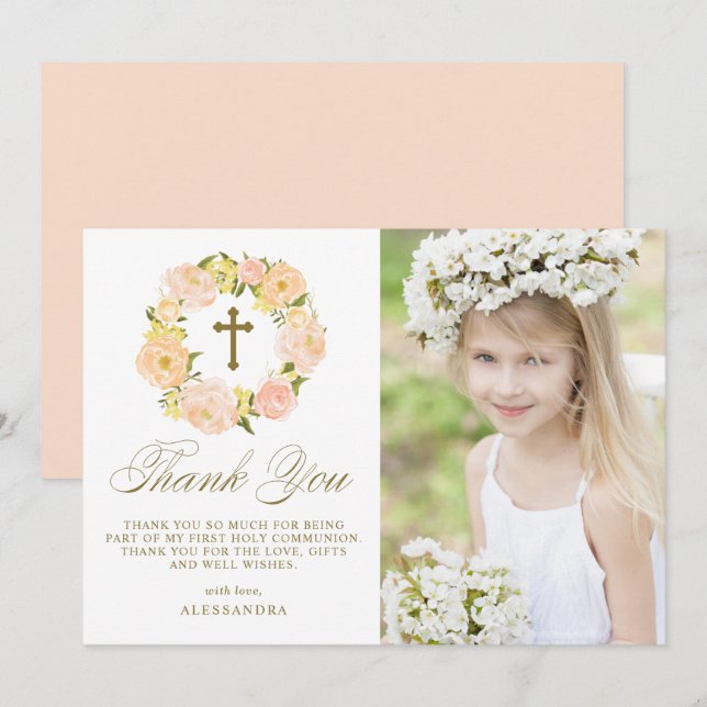 Orange Peony Wreath Gold First Holy Communion Thank You Card (Front/Back)