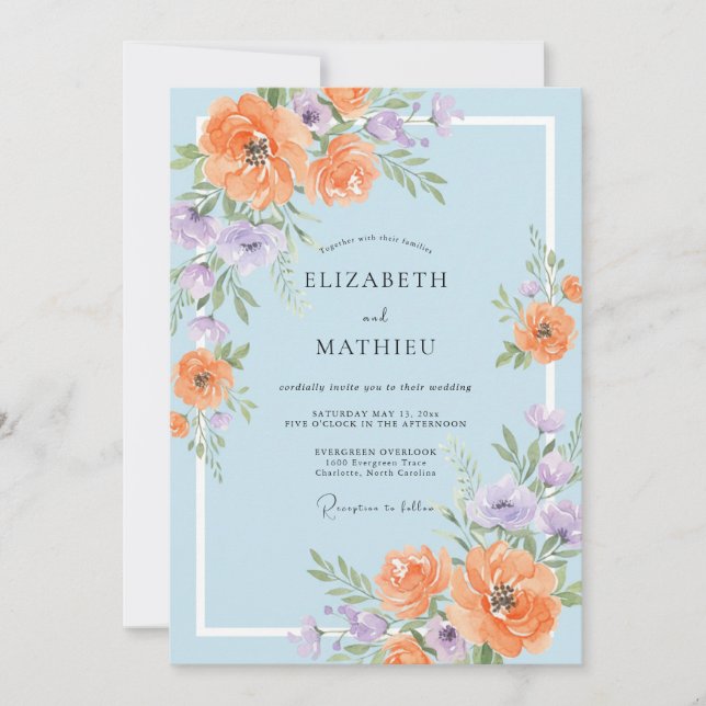 Orange Periwinkle Ranunculus Eucalyptus Wedding Invitation (Front)