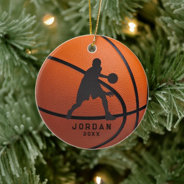 Orange Personalised Basketball Player Christmas Ceramic Ornament (Tree)