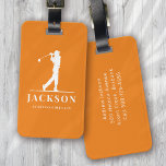 Orange Personalised Monogram Golfer Luggage Tag<br><div class="desc">This design features a golfer swinging a club and has two text fields that you can use to personalise it - perhaps with a name and golf team or club.</div>