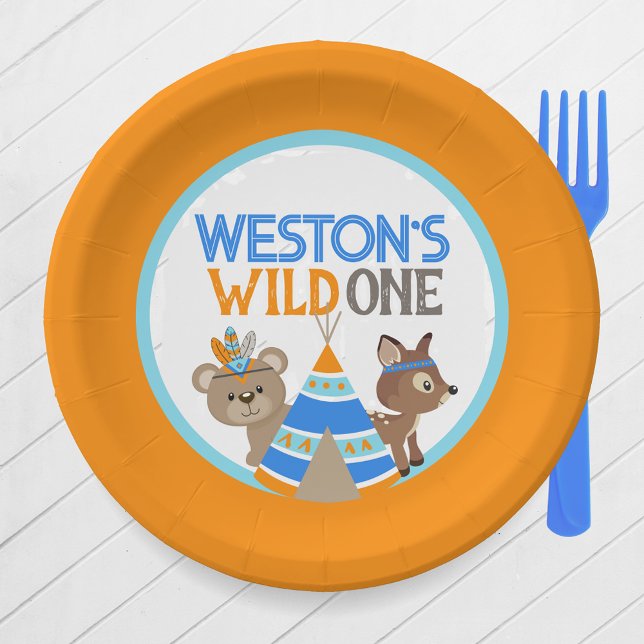 Orange Personalised Wild One Woodland Birthday Paper Plate (Orange One Happy Camper or Wild One First Birthday Party Plates. Featuring a Bear, Deer & Teepee)