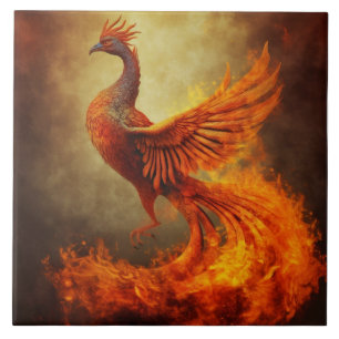Orange Phoenix with Flames and Golden Mist Ceramic Tile