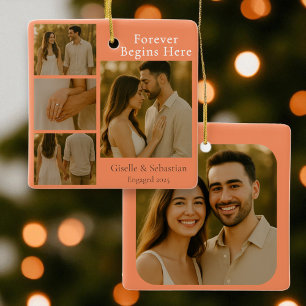Orange Photo Engagement Collage Christmas Holiday Ceramic Ornament