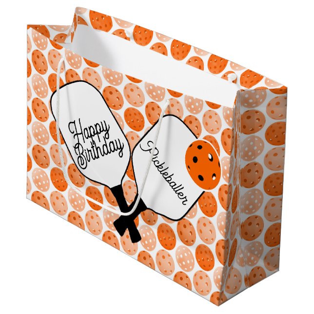 Orange Pickleballs and Paddles Personalised Party Large Gift Bag (Front Angled)