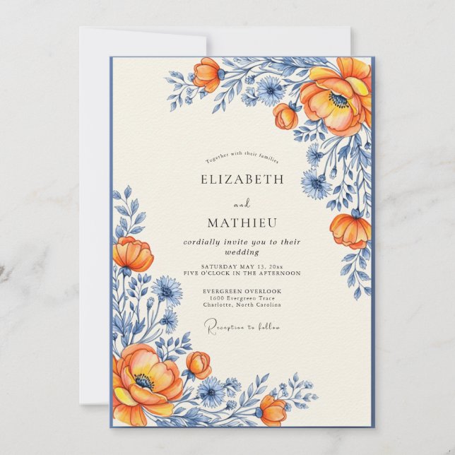 Orange Picturesque Wildflower Wedding Invitation (Front)