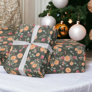  Orange Pine floral Watercolor Holiday green Wrapping Paper
