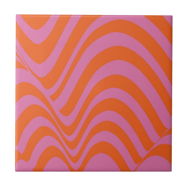 Orange Pink Abstract Wavy Stripe Bold Modern  Ceramic Tile (Front)