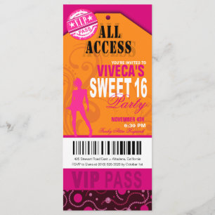 Orange, Pink and Fuschia VIP Sweet 16 Ticket Invitation