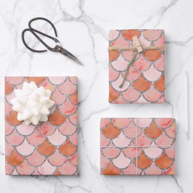 Orange, Pink and Silver Mermaid Scales  Wrapping Paper Sheet (Front)