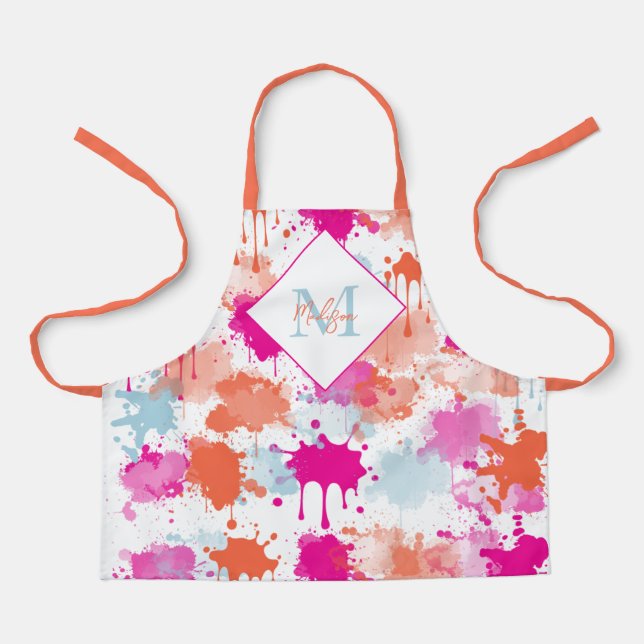 Orange Pink Blue Abstract Modern Paint Splashes Apron (Front)