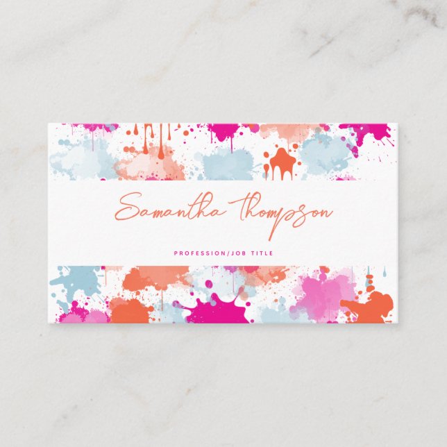 Orange Pink Blue Abstract Modern Paint Splashes Business Card (Front)