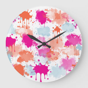 Orange Pink Blue Abstract Modern Paint Splashes Large Clock