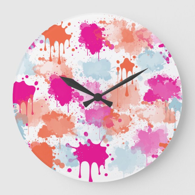 Orange Pink Blue Abstract Modern Paint Splashes  Large Clock (Front)