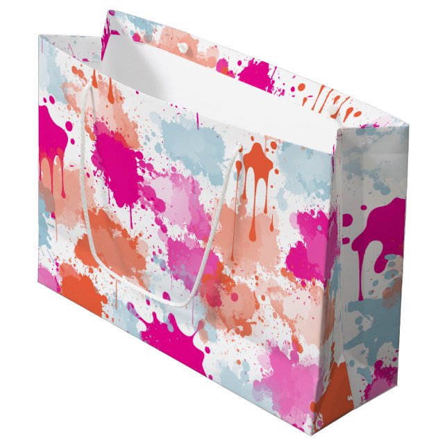 Orange Pink Blue Abstract Modern Paint Splashes Large Gift Bag (Front Angled)