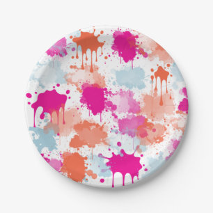 Orange Pink Blue Abstract Modern Paint Splashes Paper Plate