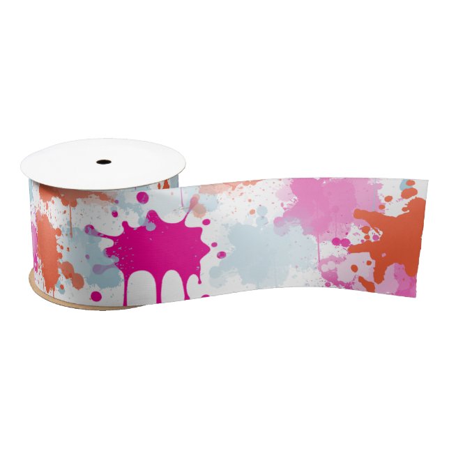 Orange Pink Blue Abstract Modern Paint Splashes Satin Ribbon (Spool)