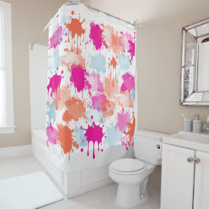 Orange Pink Blue Abstract Modern Paint Splashes Shower Curtain