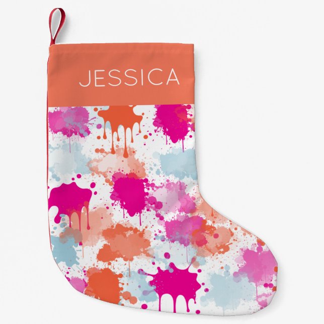 Orange Pink Blue Abstract Modern Paint Splashes  Small Christmas Stocking (Front)