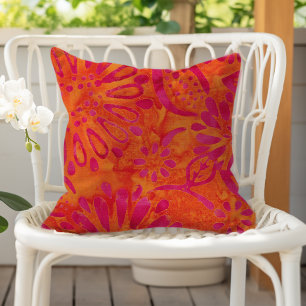 Orange Pink Boho Batik Floral Pattern Cushion