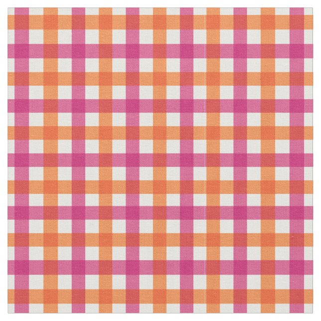 Orange & Pink Bright Summer Gingham Plaid/ Tartan Fabric (Close Up)