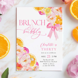 Orange Pink Brunch & Bubbly Birthday Brunch Invitation