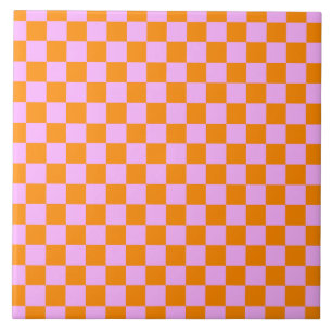 Orange + Pink Check Chequered Chequerboard Pattern Ceramic Tile