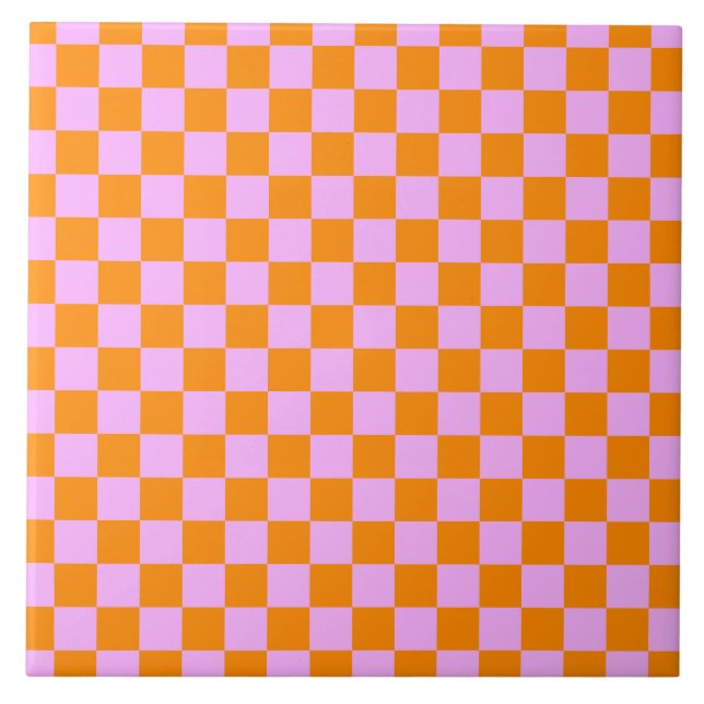 Orange + Pink Check Chequered Chequerboard Pattern Ceramic Tile (Front)