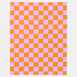 Orange + Pink Check Chequered Chequerboard Pattern Fleece Blanket