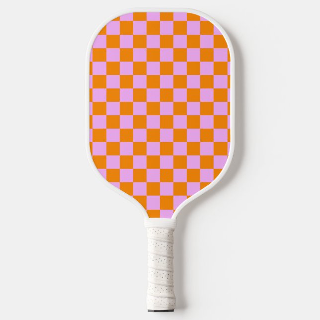 Orange + Pink Check Chequered Chequerboard Pattern Pickleball Paddle (Front)