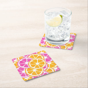 Orange Pink Citrus Slices Square Paper Coaster