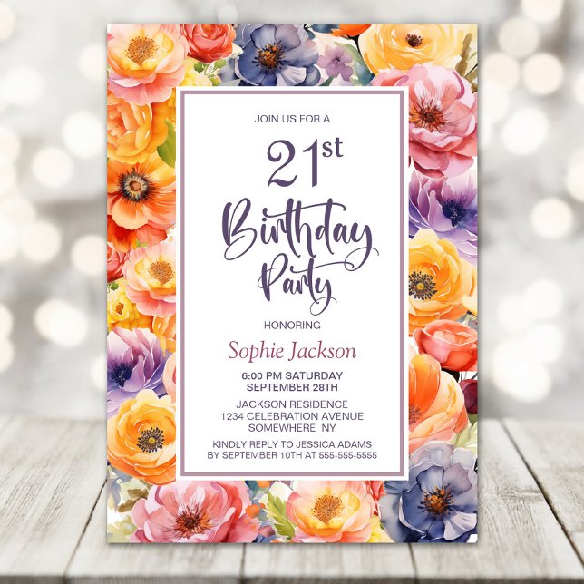 Orange Pink Floral 21st Birthday Party Invitation (Creator Uploaded)