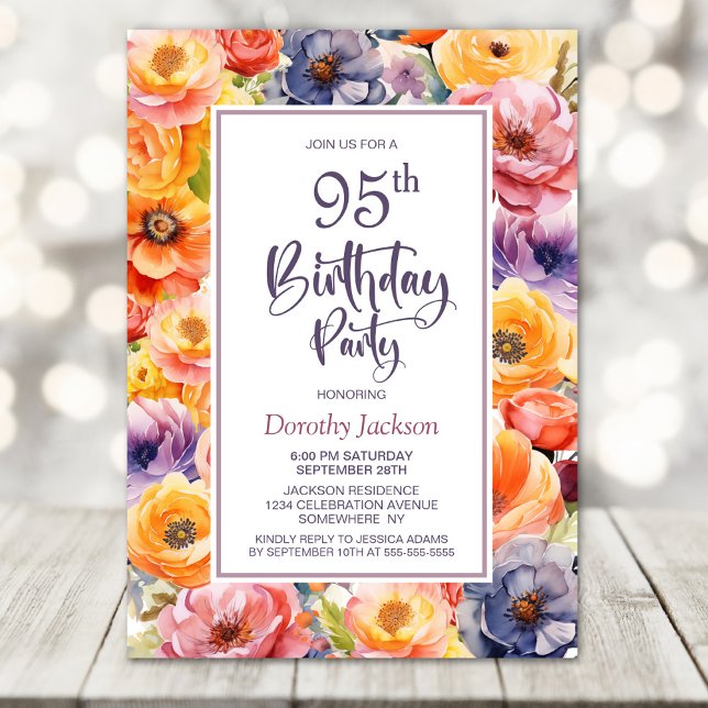 Orange Pink Floral 95th Birthday Party Invitation (Creator Uploaded)