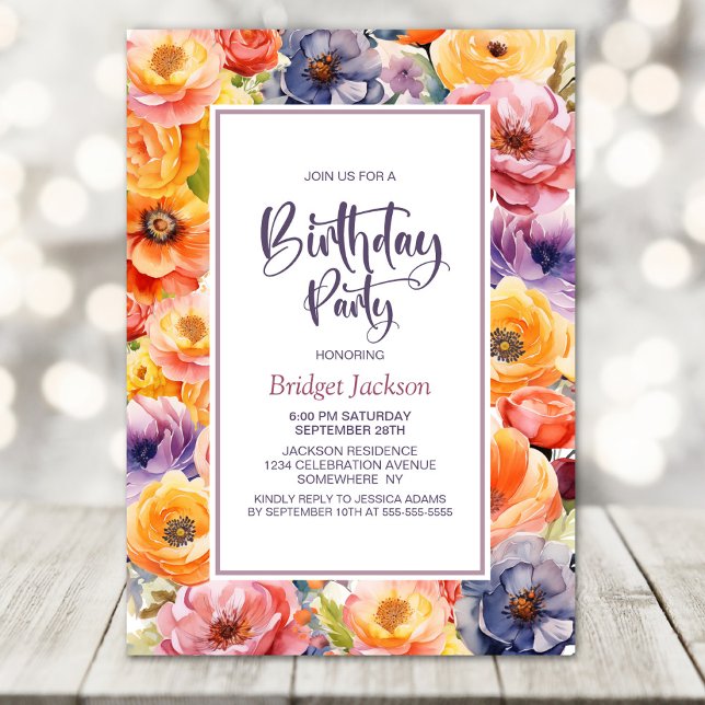 Orange Pink Floral Any Age Birthday Party Invitation (Creator Uploaded)