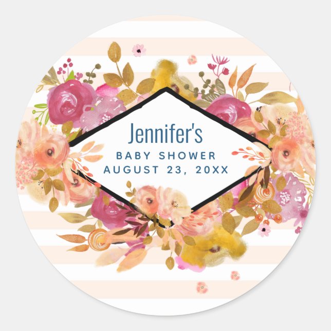 Orange & Pink Floral Bouquet Baby Shower Classic Round Sticker (Front)