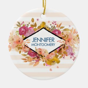 Orange & Pink Floral Bouquet Ceramic Ornament