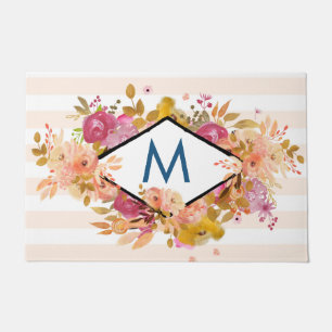 Orange & Pink Floral Bouquet Monogram Doormat